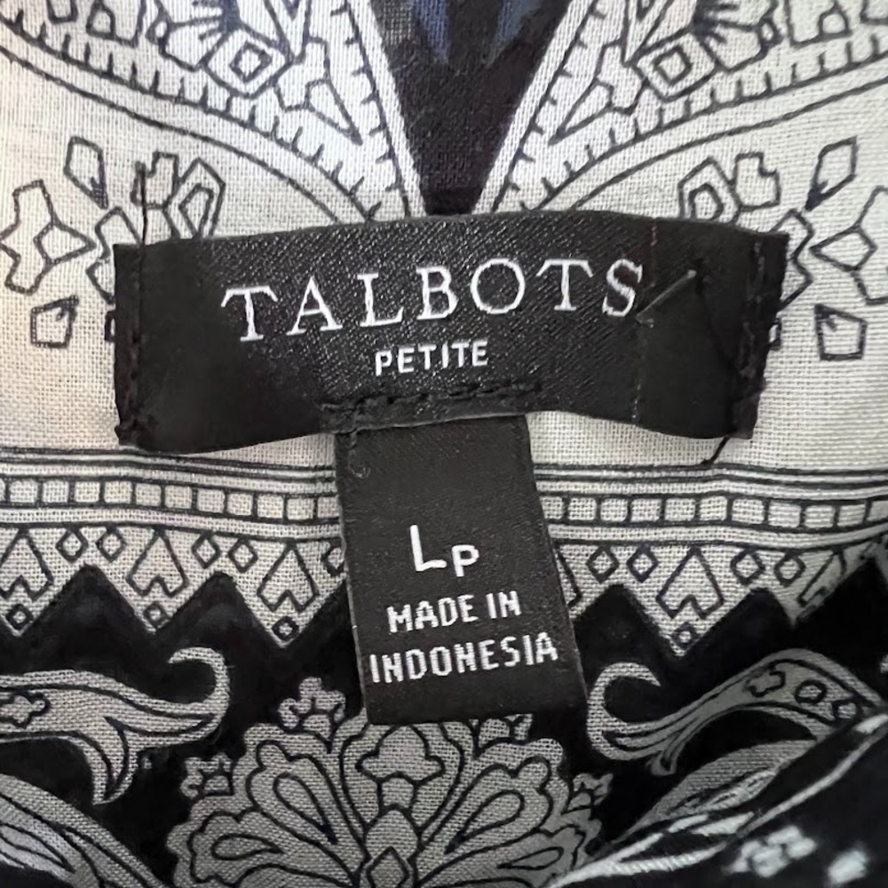 Talbots Petite Paisley Shirt Black White Sheer‎ Cotton Button Up LP - Picture 5 of 9